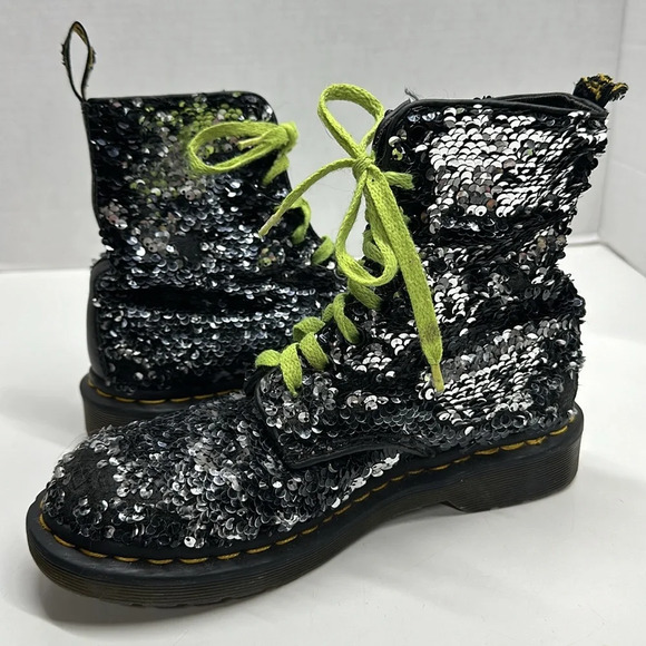 Dr. Martens 1460 Pascal Combat Sequin Black Silver Reversible Boot Womens Size 6 - Picture 8 of 11